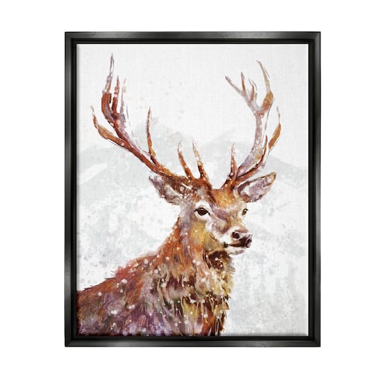 Stupell Industries Winter Deer Mountain Snowfall Framed Floater Canvas Wall Art